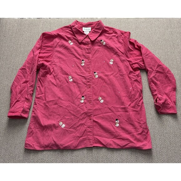 Quacker Factory Pink Corduroy Snowman Embroidered  Button Up Shirt  Sz XL - Picture 1 of 5